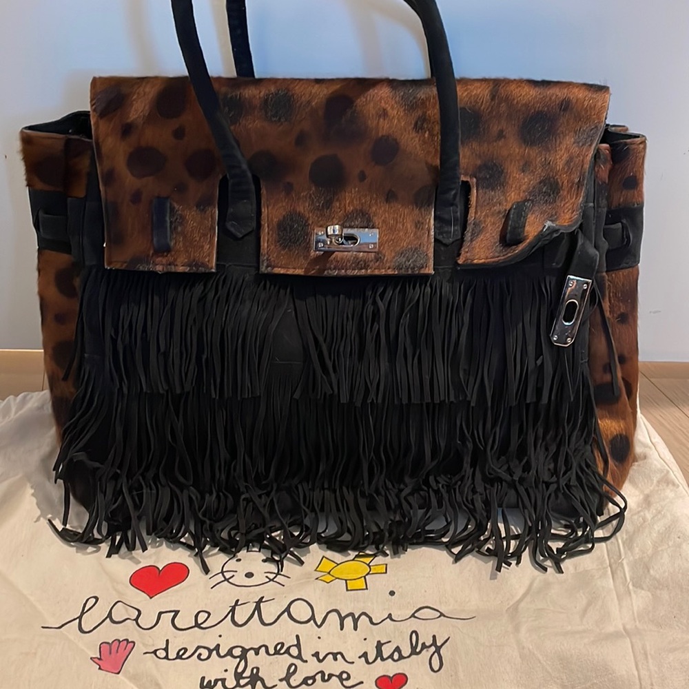Limited edition leopard cow hair and suede fringe tote with silver hardware